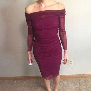 Purple ruched bodycon dress, sheer sleeves, size XS, made in USA!